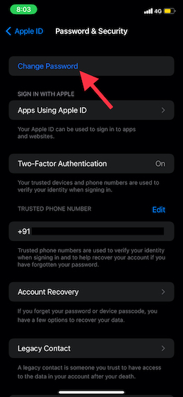 تغییر رمز Apple ID